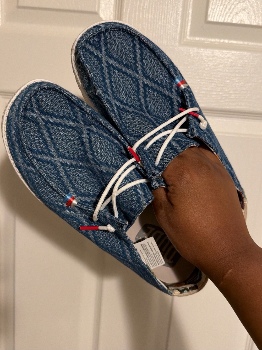 Hey Dude Blue Patterned Slip-On Shoes with White Laces and Red Accents